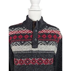 Chaps Sweater Mens Black‎ Red Aztec Henley Pullover Knit Cotton Size XL Cozy